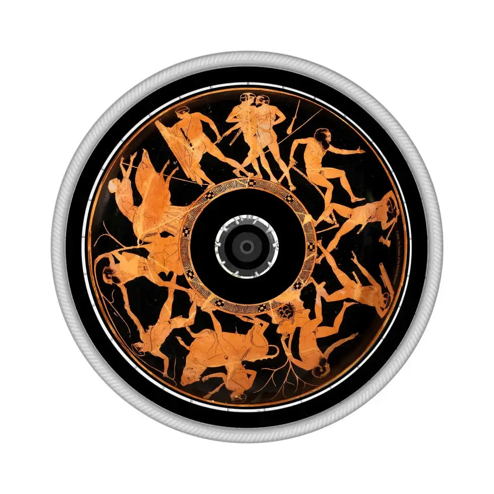Wheelchair spoke guard with ancient Greek Theseus and Minotaur artwork, circular design