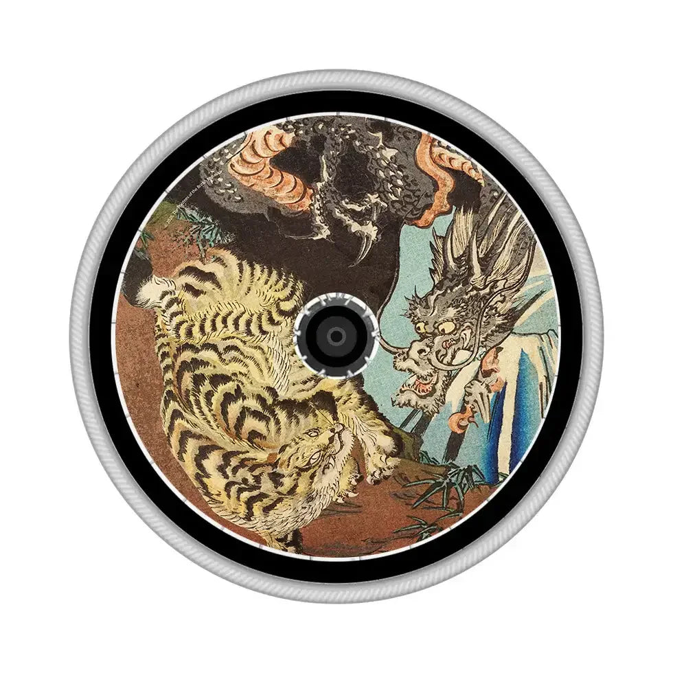 Wheelchair spoke guard featuring tiger and dragon graphic, durable decorative accessory