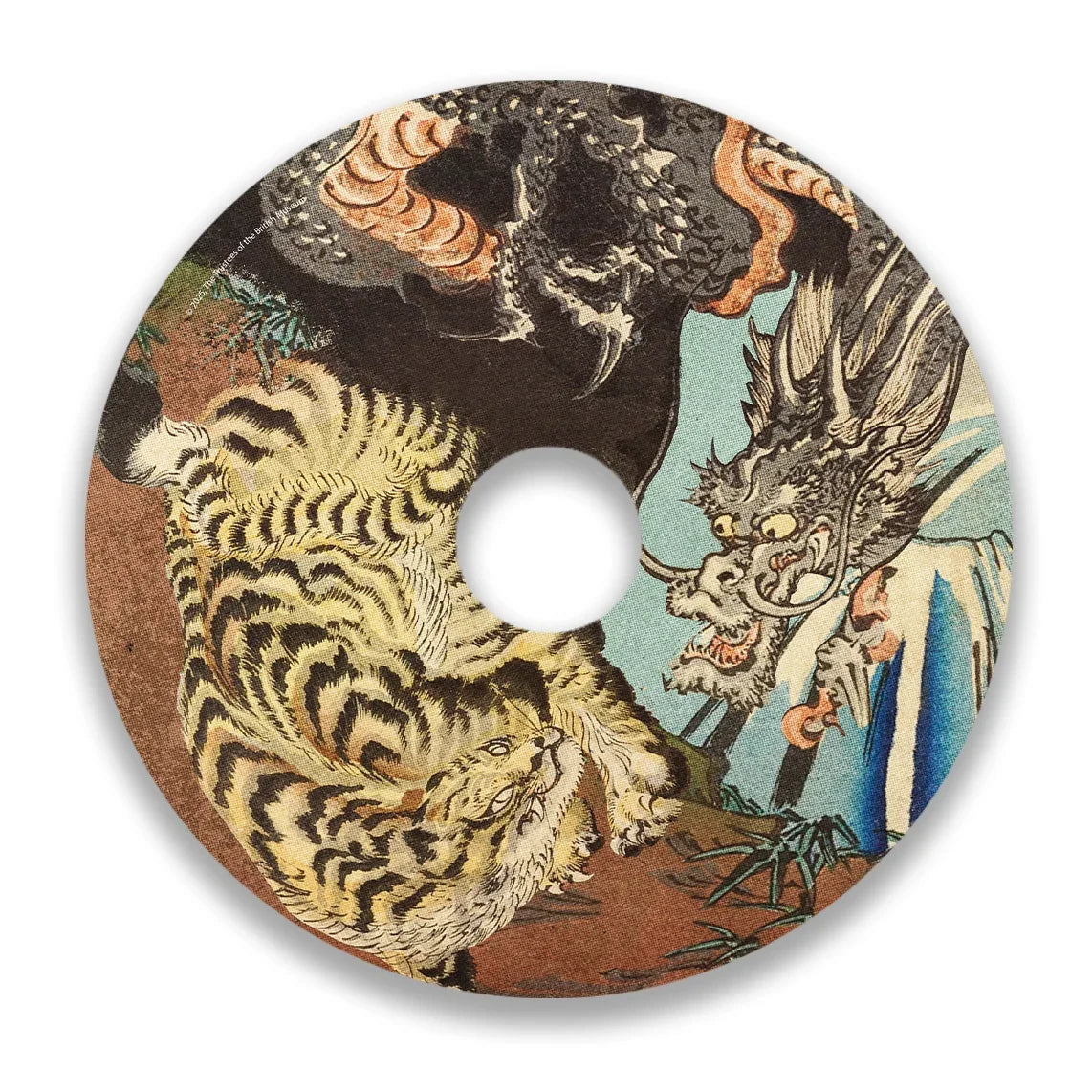 Wheelchair spoke guard featuring a fierce tiger and dragon illustration on a round disc.