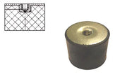 Black rubber wheelchair caster wheel stopper with metal insert, shown with installation diagram