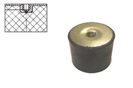 Black rubber wheelchair caster wheel stopper with metal insert, shown with installation diagram
