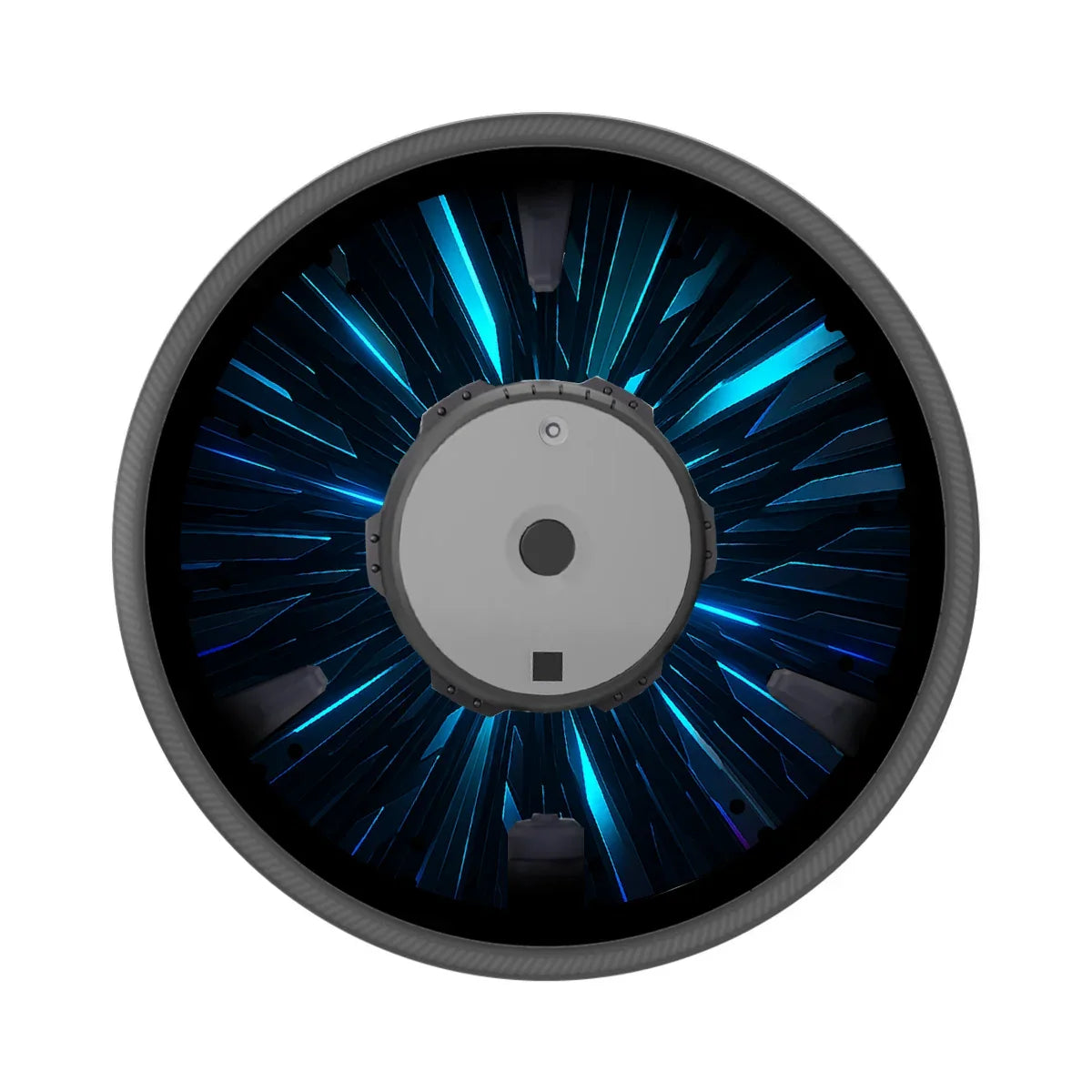 Electric wheelchair wheel with blue spoke guard and central hub, isolated on white