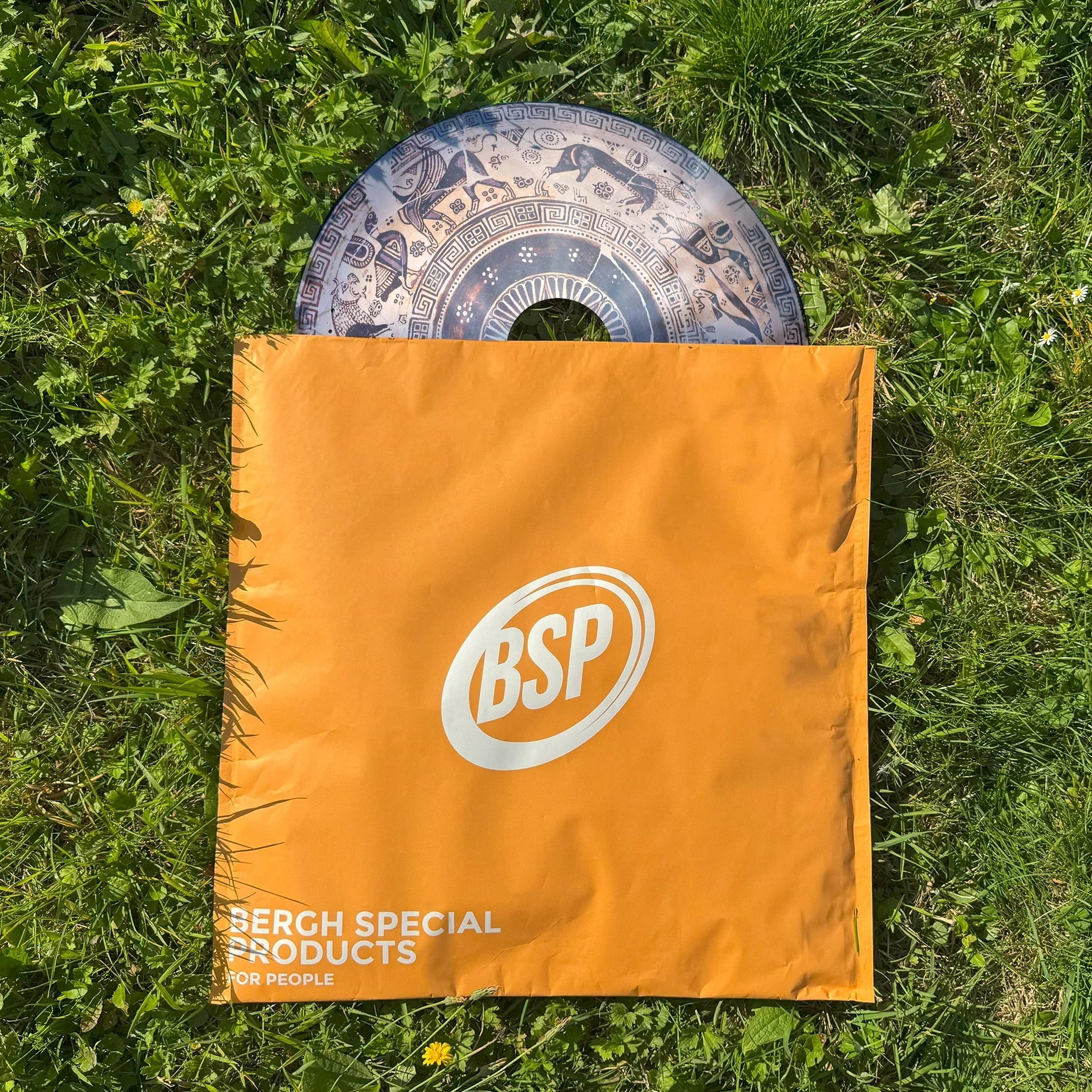Wild goat patterned wheelchair spoke guard in an orange BSP bag on green grass