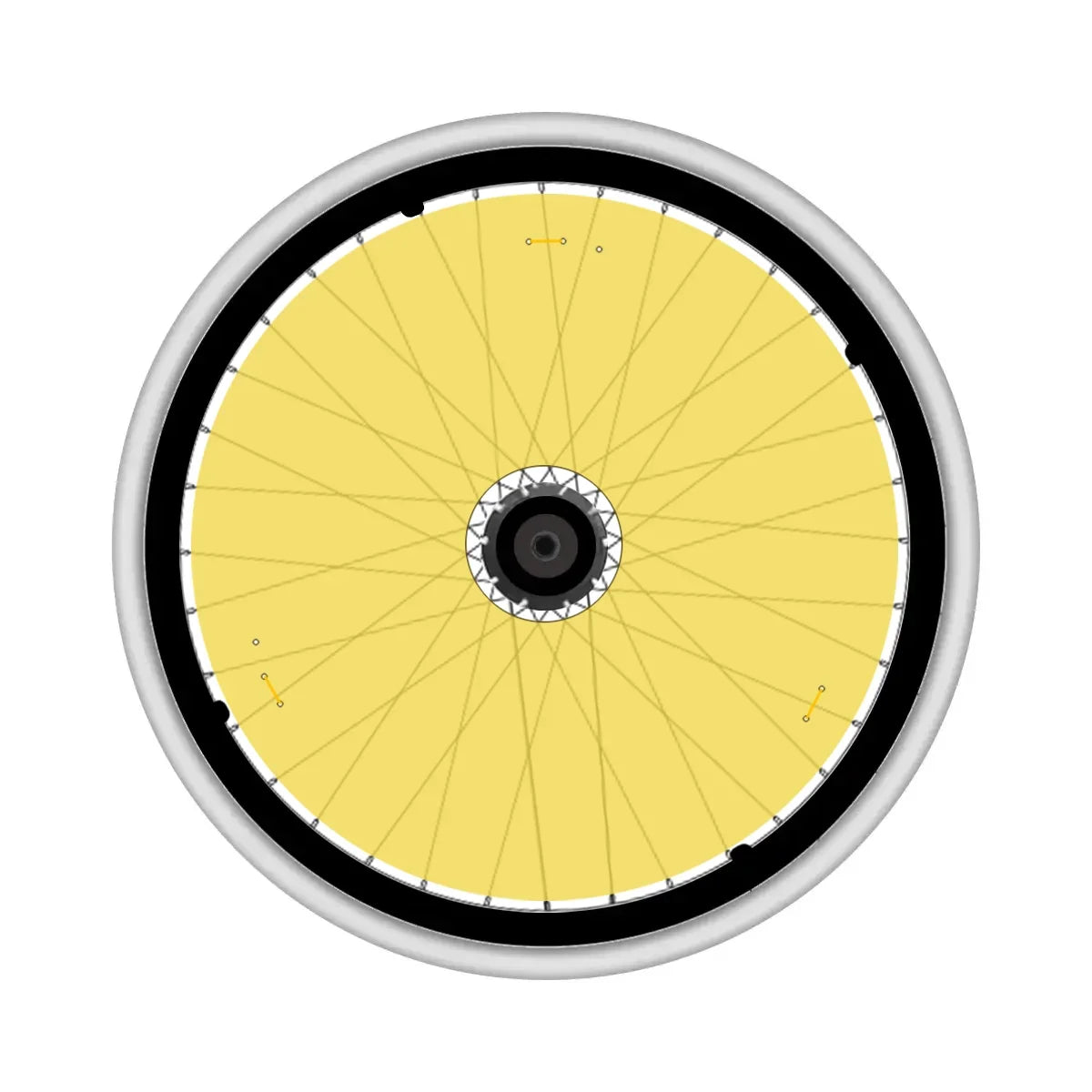 Yellow spoke guard installed on a wheelchair wheel with silver rim and black tire