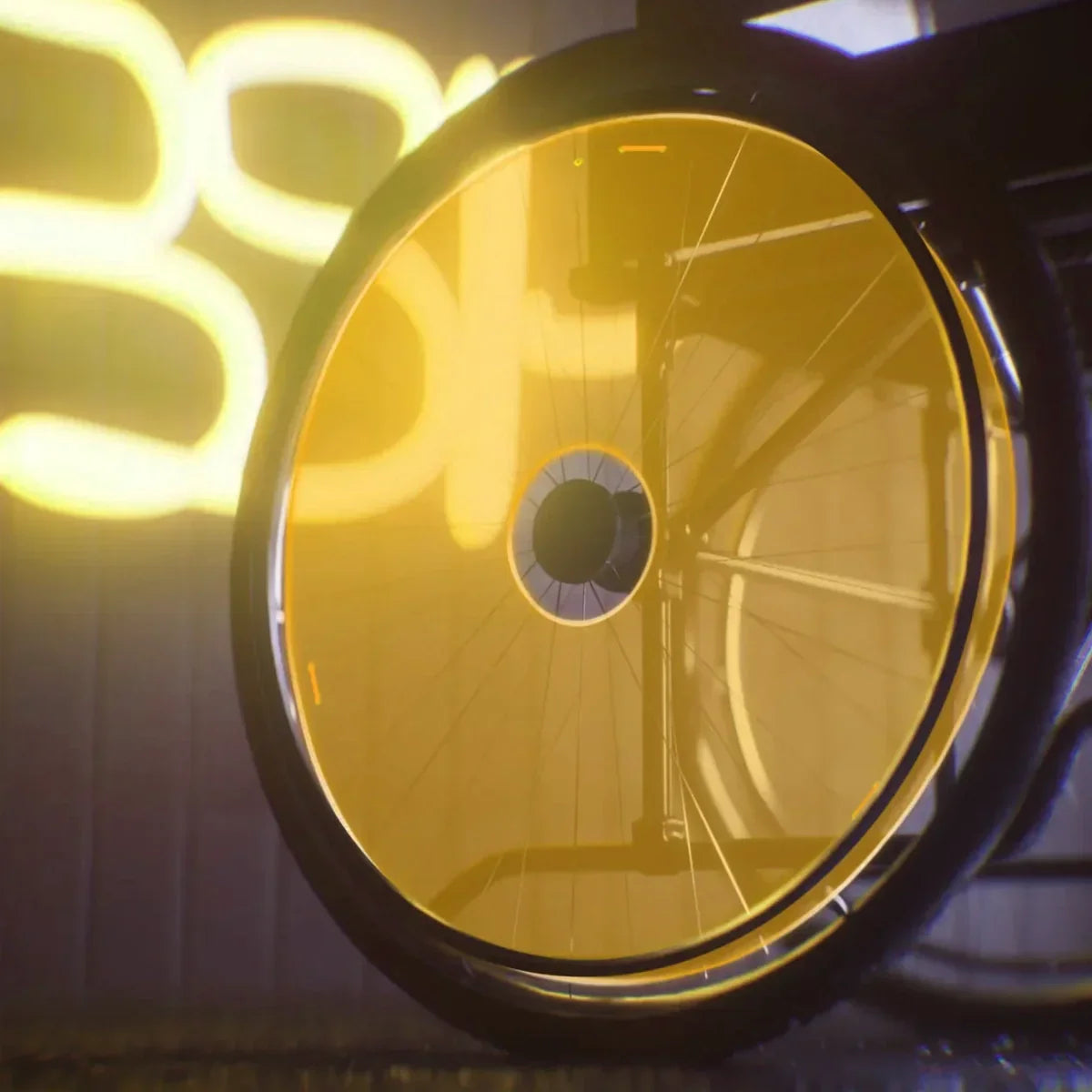 Yellow wheelchair spoke guard with neon glow, durable wheel protection for mobility devices