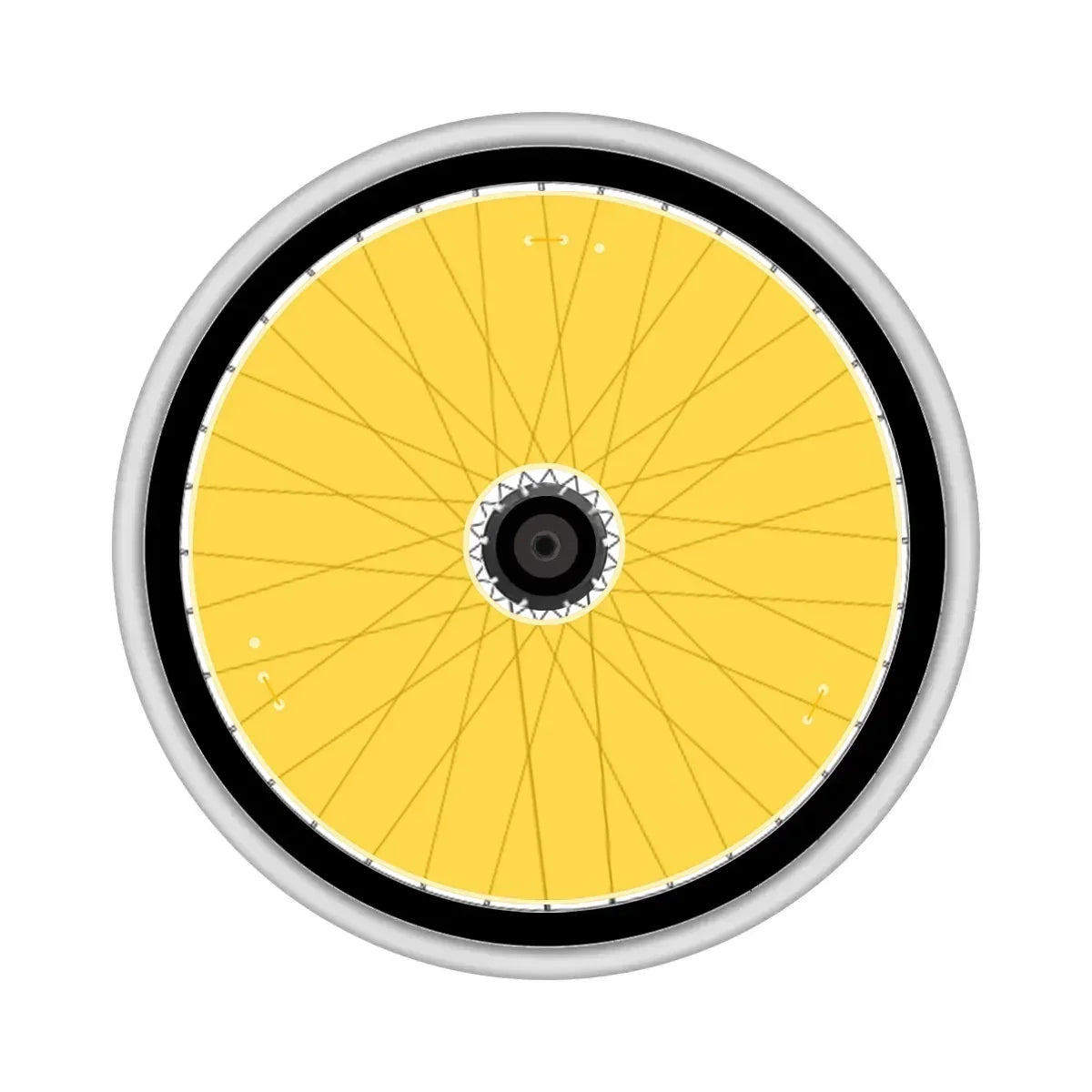 Yellow wheelchair wheel with black rim and silver spokes, durable spoke guard design for mobility aids